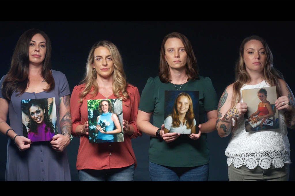 Epstein survivors are seen holding photos of their younger selves.