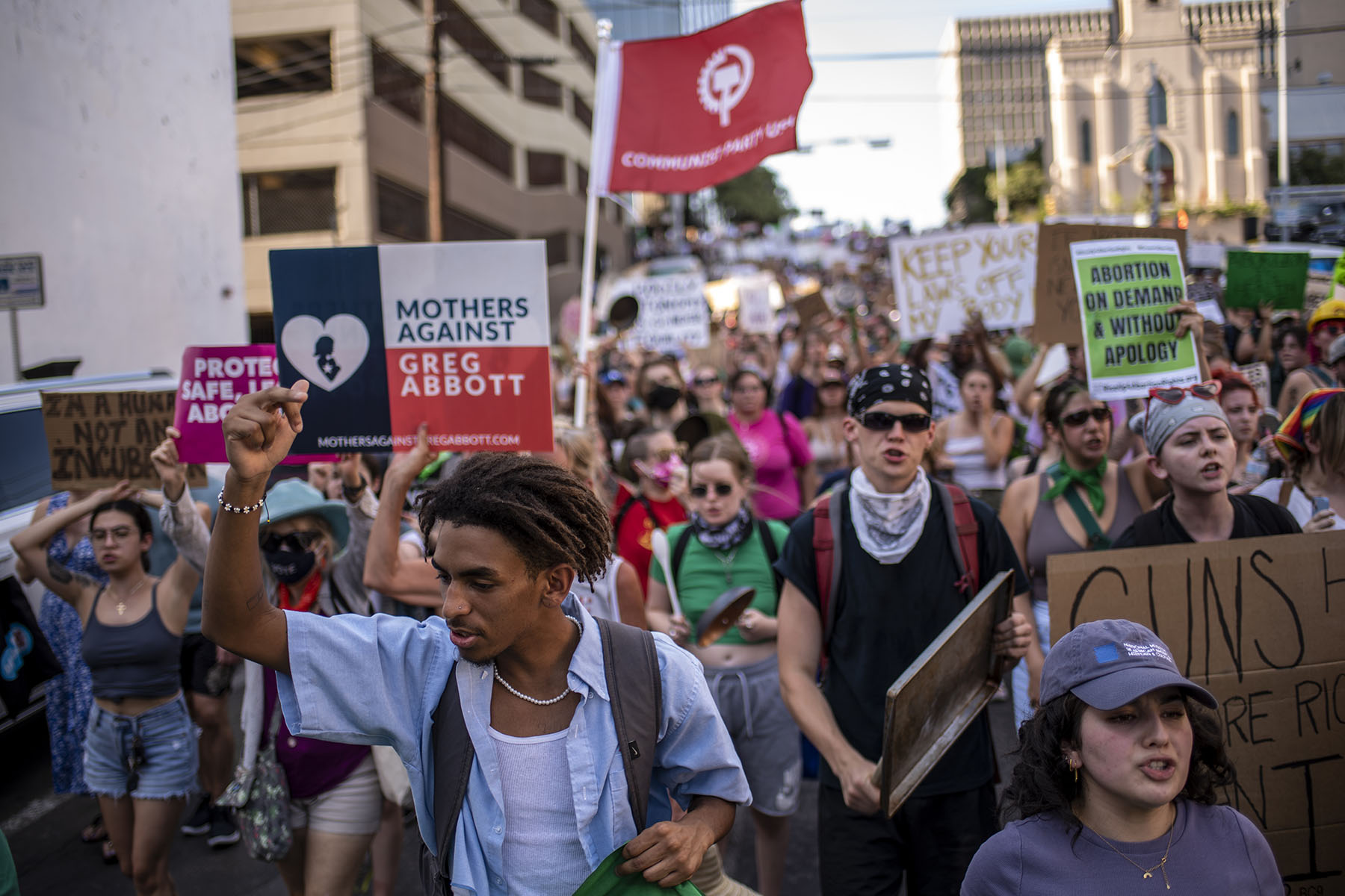 Protesters march in the street during an abortion-rights rally in Austin, Texas