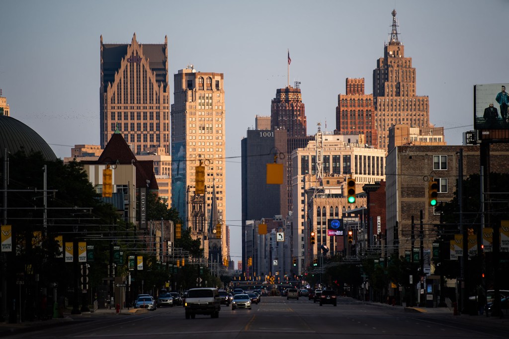 Downtown Detroit's skyscrapers are seen from Woodward Ave.