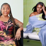 Side-by-side portraits of Kaitlyn McNab and Aiyana Ishmael. On the left, McNab sits in a patterned dress with long braids, looking directly at the camera. On the right, Ishmael poses in a blue off-the-shoulder dress against a green backdrop with her hand raised near her face.