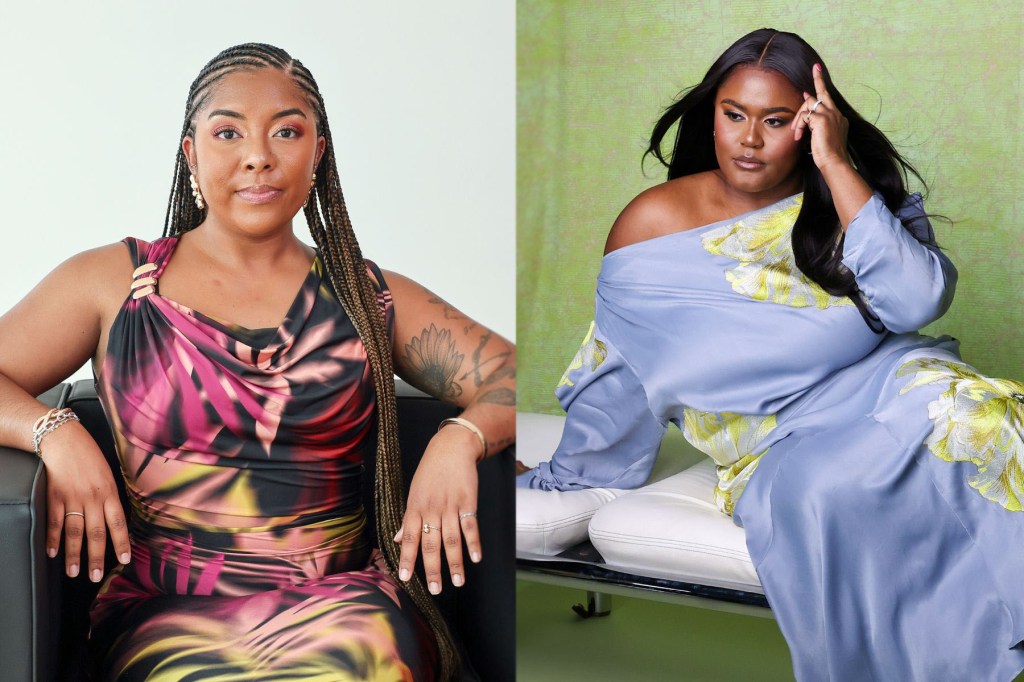 Side-by-side portraits of Kaitlyn McNab and Aiyana Ishmael. On the left, McNab sits in a patterned dress with long braids, looking directly at the camera. On the right, Ishmael poses in a blue off-the-shoulder dress against a green backdrop with her hand raised near her face.