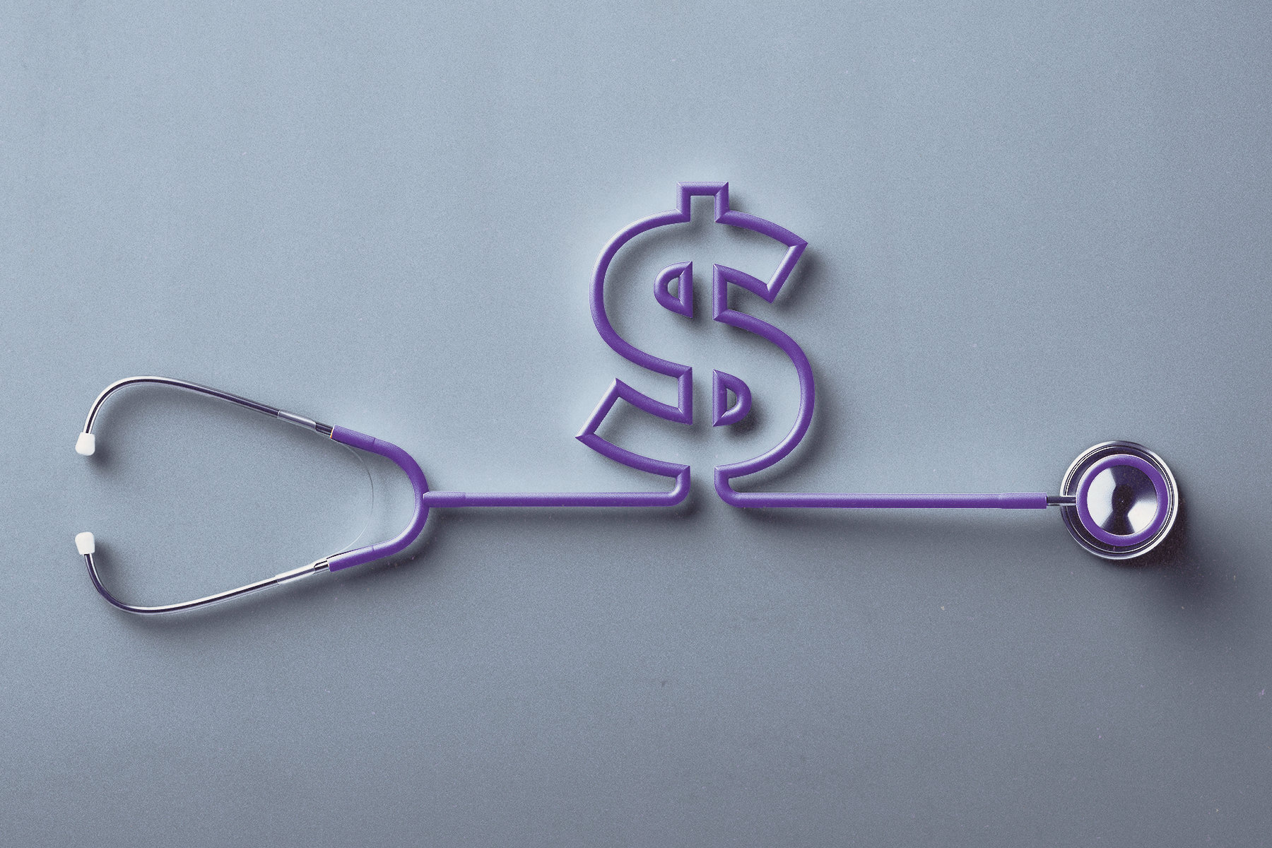 An illustration of a doctor's stethoscope with a money symbol against a blue background.