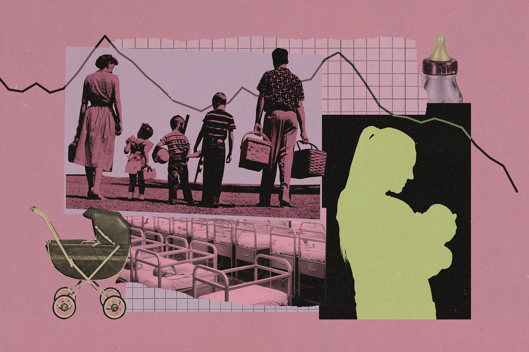 A collage featuring a vintage photo of two adults and three children walking with baskets, a row of empty hospital bassinets, an old-fashioned baby stroller, a baby bottle, and the silhouette of a person holding an infant. Graph paper textures and dark line graphs appear in the background.