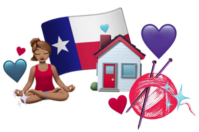 A collage of emojis including a person meditating, a Texas flag, a small house, and a ball of yarn with knitting needles, surrounded by colorful heart and sparkle icons on a white background.