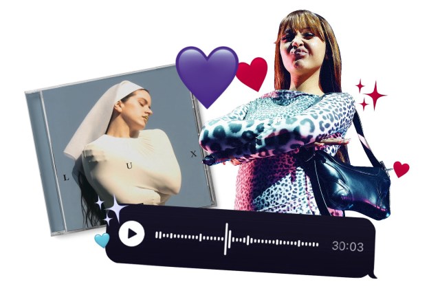A collage featuring Pink Pantheress next to Rosalia's lux album cover and a large audio waveform player, with heart and sparkle emojis floating around on a white background.