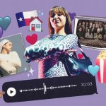 A purple-background collage combining a music album cover, an audio waveform player, a vintage television with an ensemble cast, popcorn, and emoji icons including hearts, sparkles, a Texas flag, a house, a meditating figure, and knitting imagery.