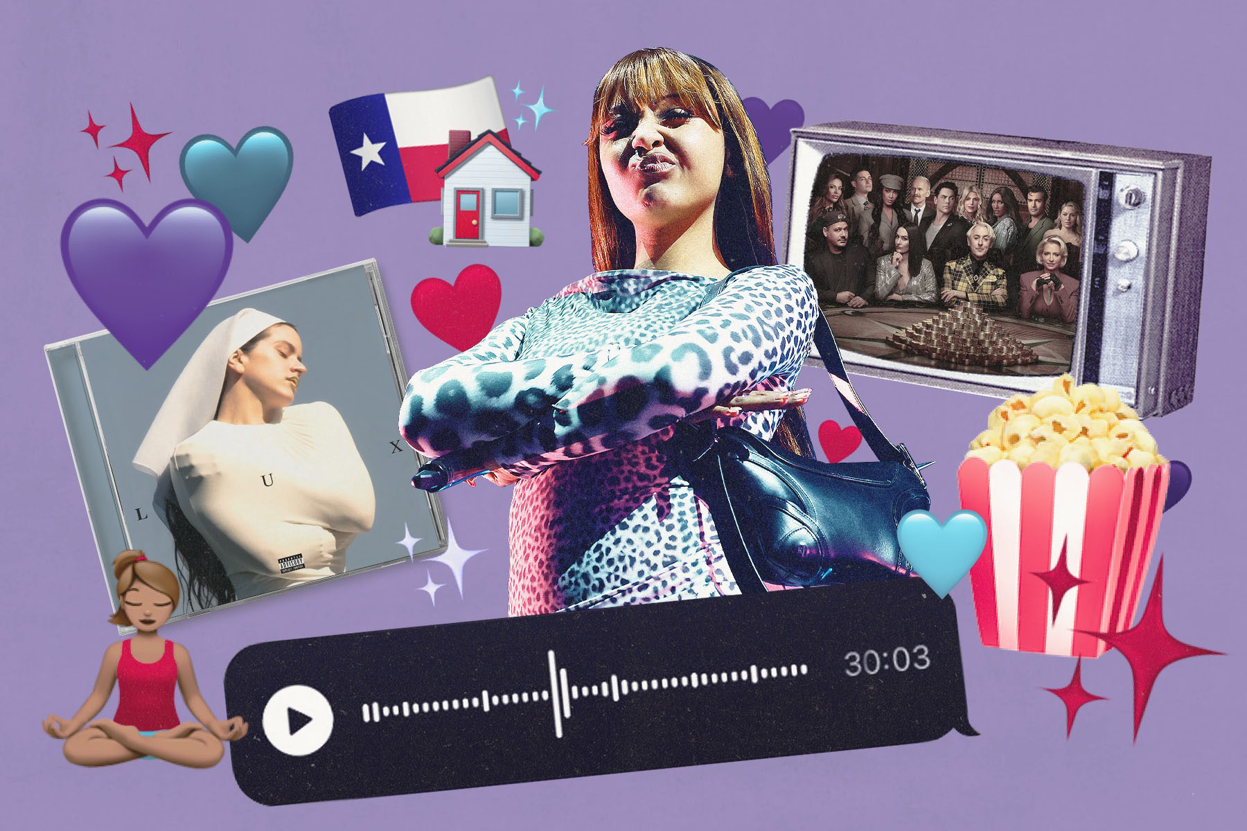A purple-background collage combining a music album cover, an audio waveform player, a vintage television with an ensemble cast, popcorn, and emoji icons including hearts, sparkles, a Texas flag, a house, a meditating figure, and knitting imagery.