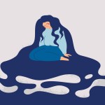 Illustration of a woman sitting on the floor with her head bowed and eyes closed, her long dark hair pooling around her in large, flowing shapes that spread across the ground.