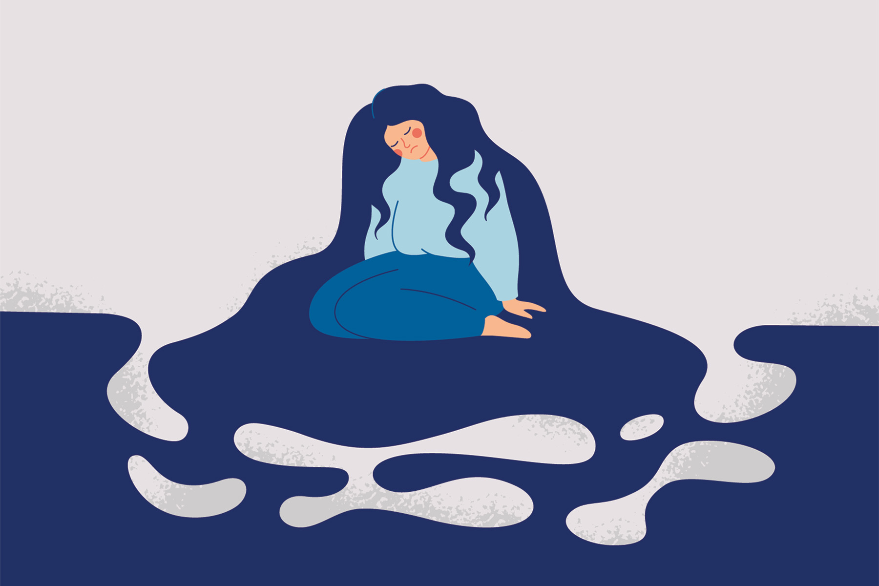 Illustration of a woman sitting on the floor with her head bowed and eyes closed, her long dark hair pooling around her in large, flowing shapes that spread across the ground.