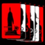 An illustration of several phones in a line showing anonymized dating profiles in red, black and white on a black background.