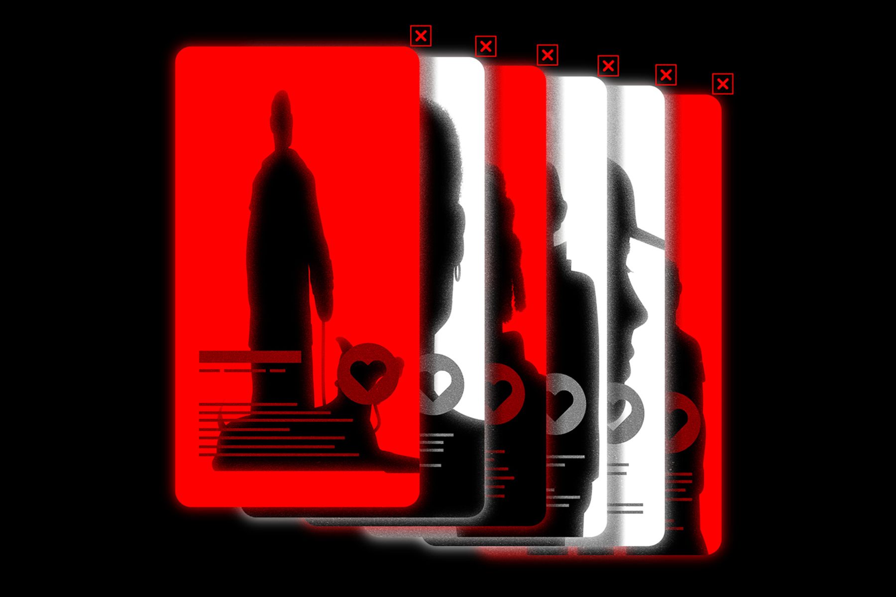An illustration of several phones in a line showing anonymized dating profiles in red, black and white on a black background.