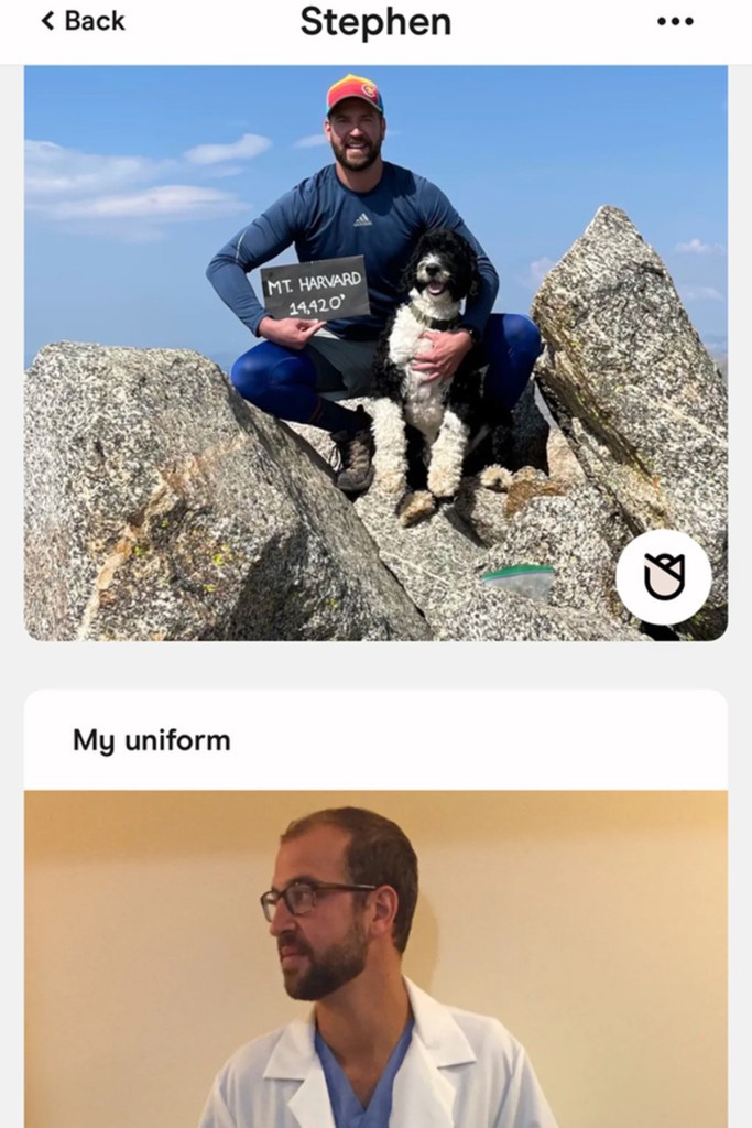 A screenshot of a Hinge profile showing a man with his dog and wearing a doctor's coat.