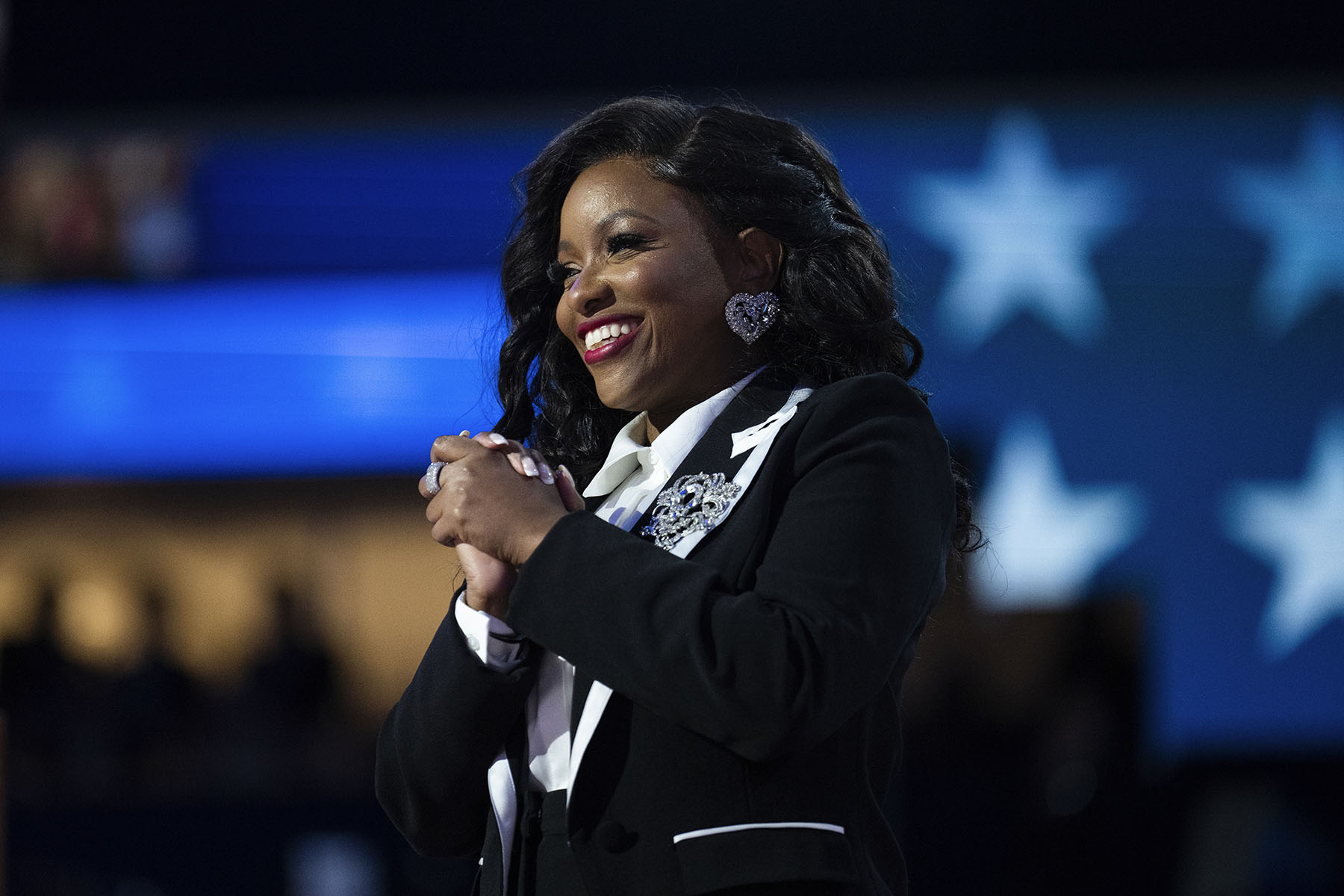 Rep. Jasmine Crockett speaks on the first night of the Democratic National Convention in Chicago.
