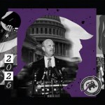 A collage shows a man in a at a podium with microphones, set against the U.S. Capitol and a purple background. Surrounding elements include a torn American flag, a hand holding a Bible, a “2025” date marker, a Republican Party emblem, a protest sign reading “Jesus saves,” and a stylized illustration of a uterus