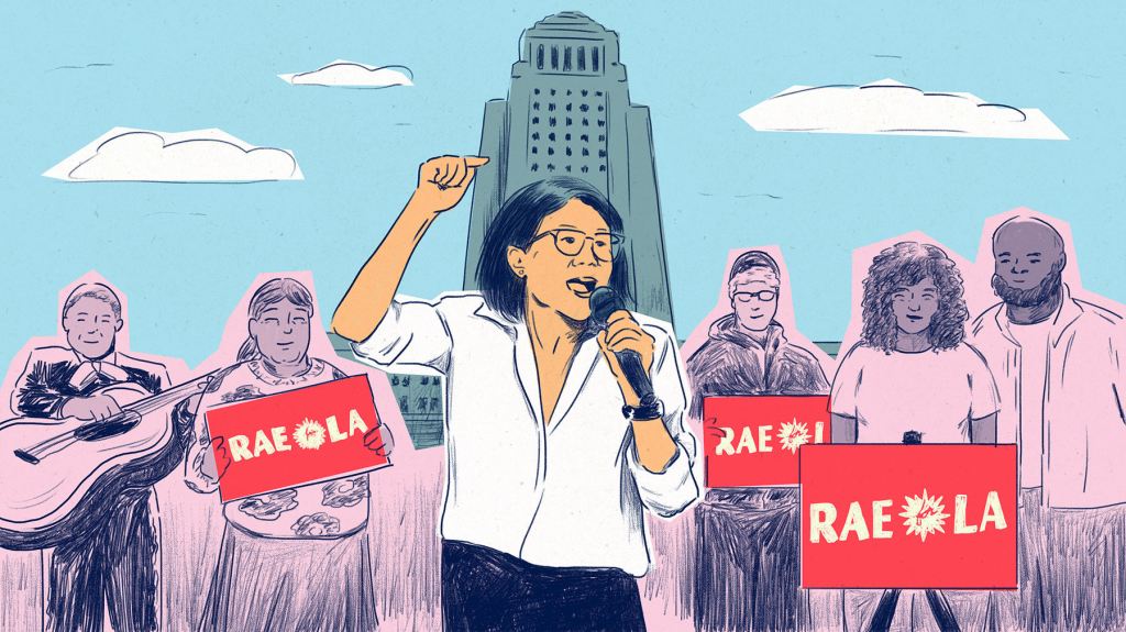 An illustration of Rae Huang in front of Los AngelesÕ city hall with people behind her, carrying signs that say Rae for LA.