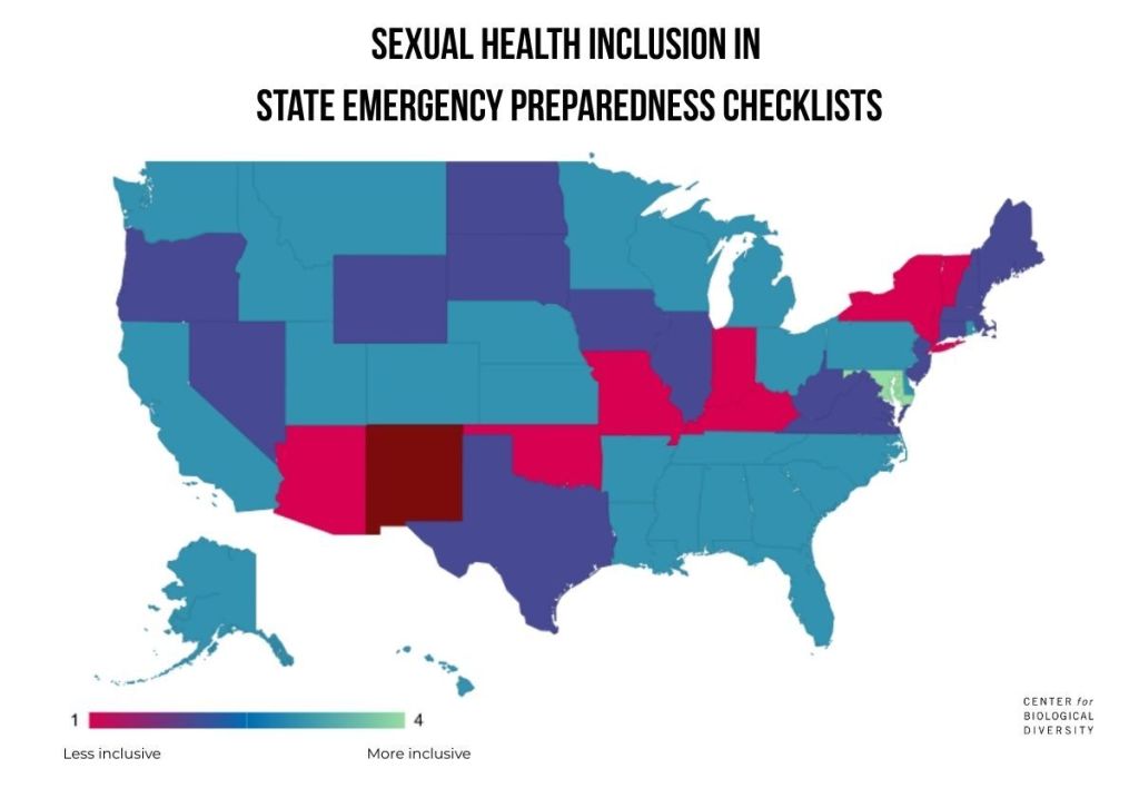 A color-coded map of the United States titled “Sexual health inclusion in state emergency preparedness checklists.” States are shaded on a scale from less inclusive to more inclusive, with a legend showing values from 1 to 4. The map visualizes wide variation across regions in how sexual health is addressed in state emergency planning.