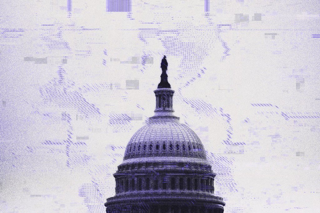 A grainy illustration of the Capitol dome in in muted purple and gray tones, with digital glitch textures.