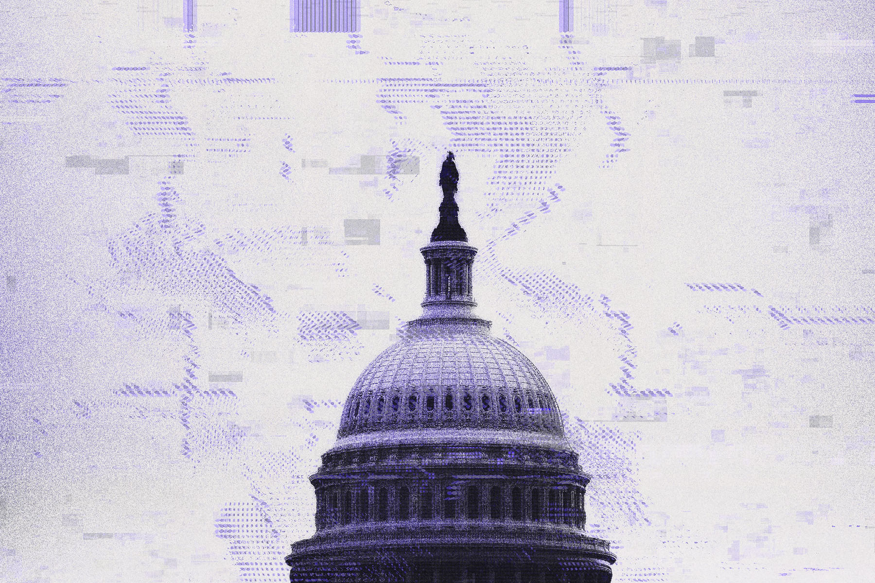 A grainy illustration of the Capitol dome in in muted purple and gray tones, with digital glitch textures.