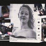 A collage-style image showing scenes of law enforcement violence and viral media coverage. At the center is a grainy black-and-white portrait of Renee Good. Surrounding her are screenshots of social media posts and videos, including police in riot gear facing people holding American flags, a shattered car window, and a woman on the ground restrained by officers.