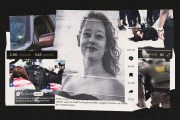A collage-style image showing scenes of law enforcement violence and viral media coverage. At the center is a grainy black-and-white portrait of Renee Good. Surrounding her are screenshots of social media posts and videos, including police in riot gear facing people holding American flags, a shattered car window, and a woman on the ground restrained by officers.