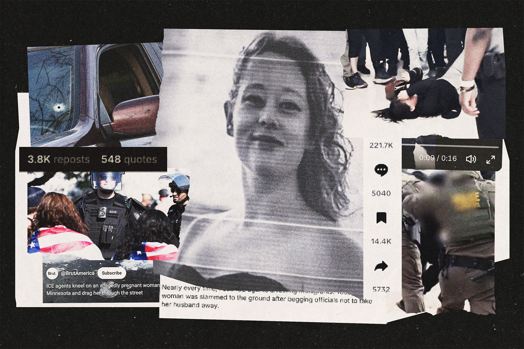 A collage-style image showing scenes of law enforcement violence and viral media coverage. At the center is a grainy black-and-white portrait of Renee Good. Surrounding her are screenshots of social media posts and videos, including police in riot gear facing people holding American flags, a shattered car window, and a woman on the ground restrained by officers.