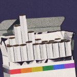 An illustrated open cigarette pack filled with cigarettes sits against a dark purple background, with a rainbow stripe along the bottom of the pack.