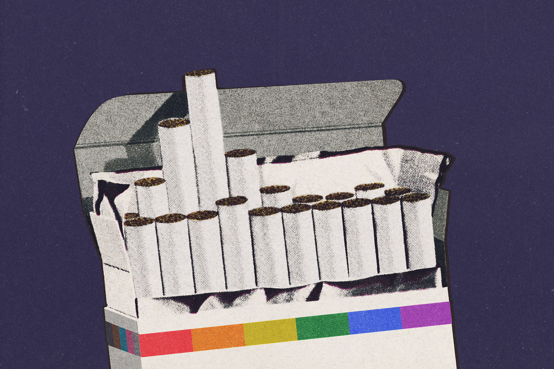 An illustrated open cigarette pack filled with cigarettes sits against a dark purple background, with a rainbow stripe along the bottom of the pack.