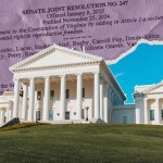 Illustrated image of the Virginia State Capitol building on a grassy hill, overlaid with a torn-paper collage of a legislative document referencing a proposed constitutional amendment on reproductive freedom against a purple and blue background.