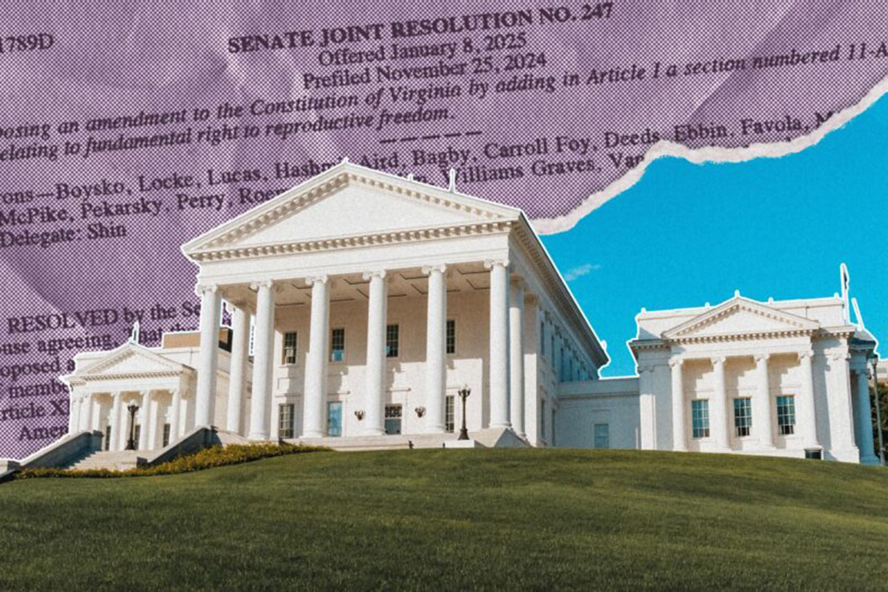 Illustrated image of the Virginia State Capitol building on a grassy hill, overlaid with a torn-paper collage of a legislative document referencing a proposed constitutional amendment on reproductive freedom against a purple and blue background.