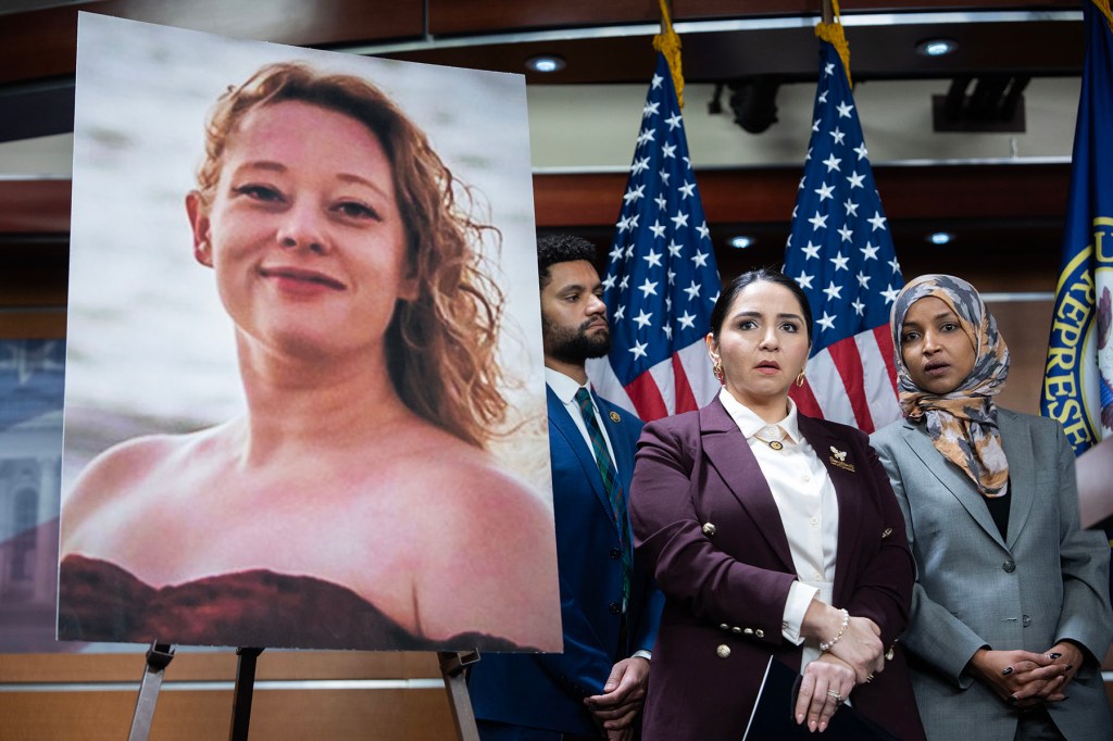 Members of the Congressional Progressive Caucus Reps. Ilhan Omar, Delia Ramirez, and Maxwell Frost, conduct a news conference on funding and accountability for the Department of Homeland Security, with an image of Renee Good, in the Capitol Visitor Center.