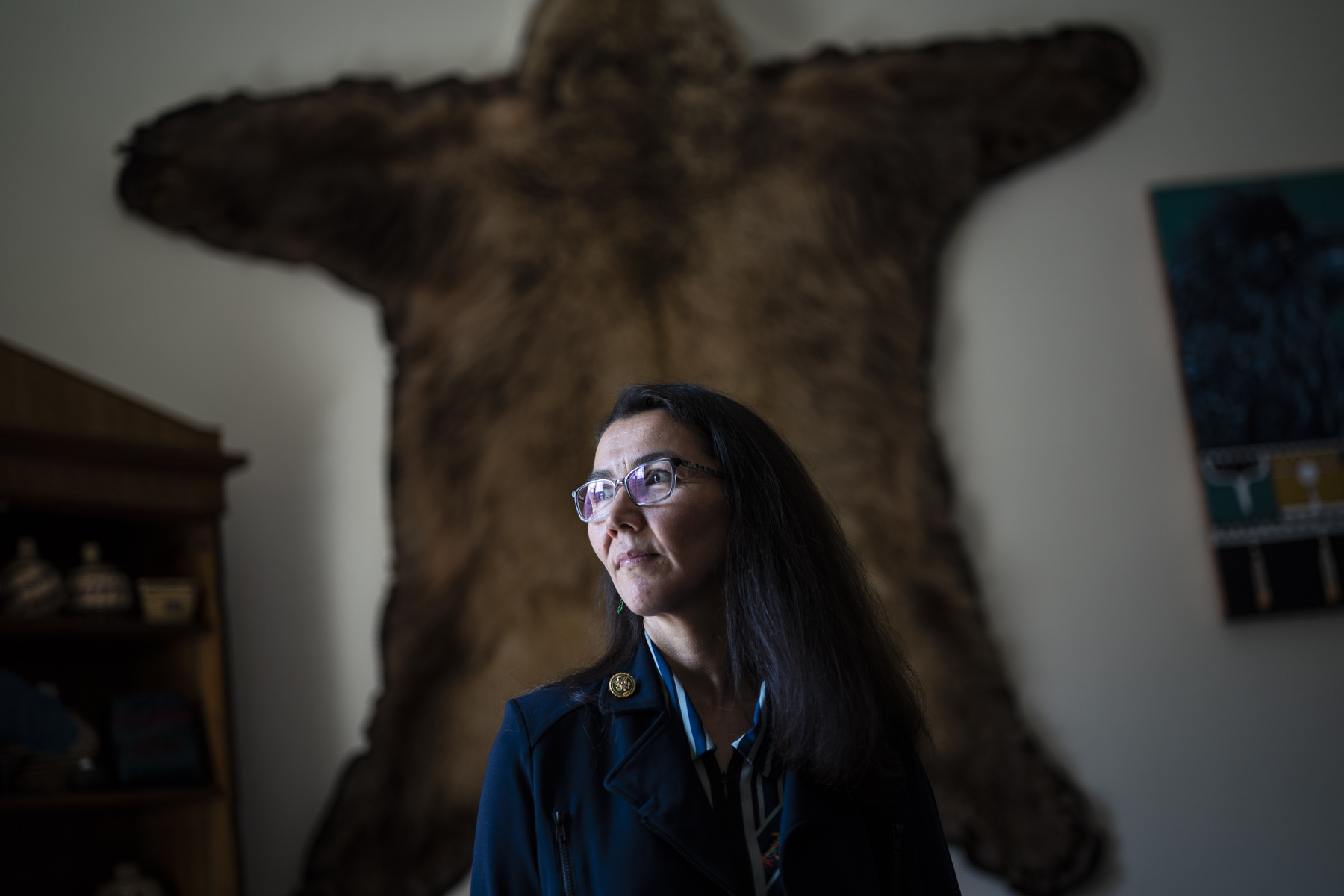 Alaska Rep. Mary Peltola poses for a portrait in her office.