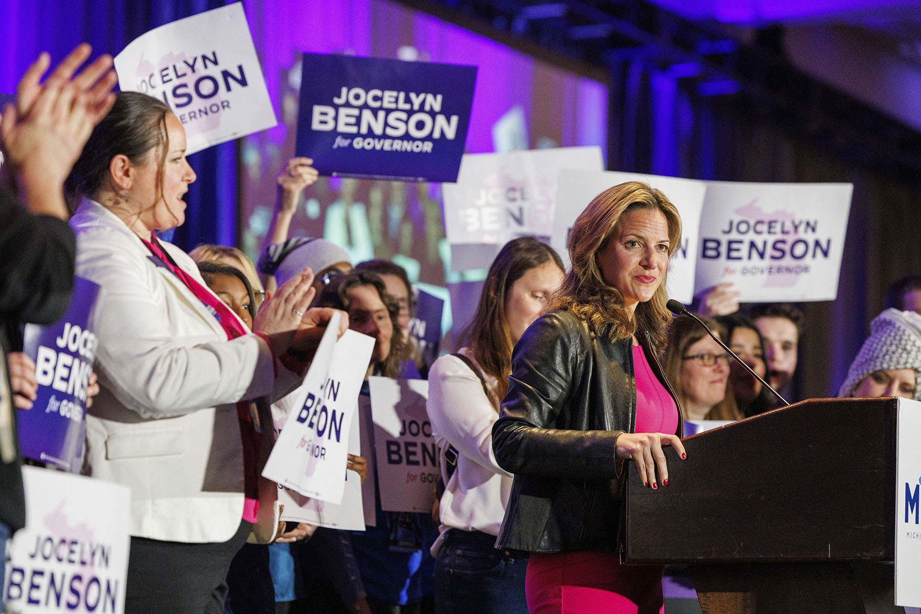 Michigan Secretary of State Jocelyn Benson, who is running for governor, speaks at the Michigan Democratic Party's convention.