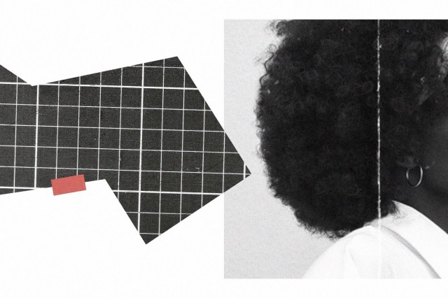 An abstract composition combines a close-up of textured hair from a black-and-white portrait with angular black grid shapes and a small red accent on a white background.
