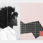 A Black woman in profile with a natural afro and glasses faces right, overlaid with abstract grid shapes and red graphic elements on a textured background.