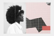 A Black woman in profile with a natural afro and glasses faces right, overlaid with abstract grid shapes and red graphic elements on a textured background.