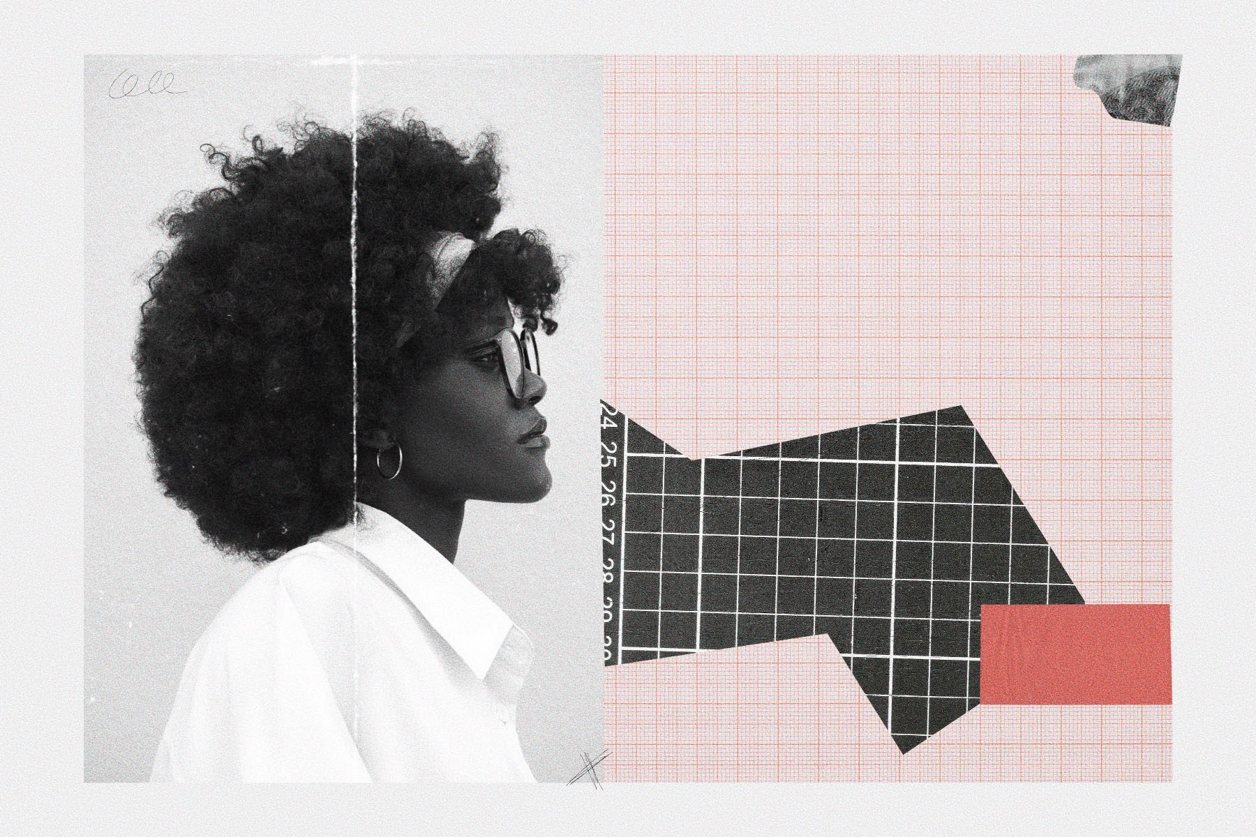 A Black woman in profile with a natural afro and glasses faces right, overlaid with abstract grid shapes and red graphic elements on a textured background.