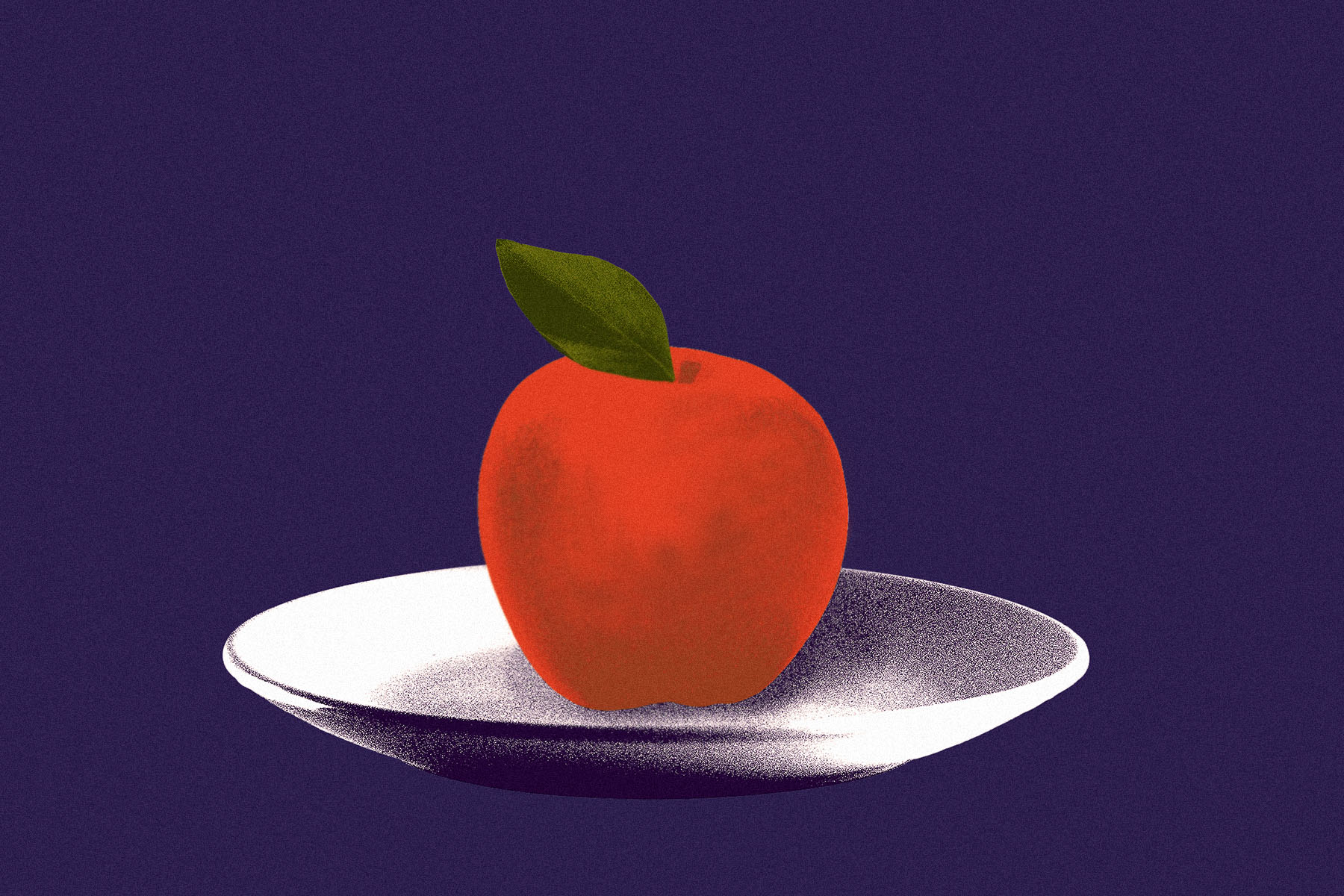 An illustration of a red apple with a green leaf resting in a white plate against a dark purple background.