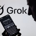 The Grok X AI app is used on a mobile phone with the Grok logo visible in the background in this photo illustration.