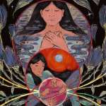 An illustration of a pregnant person holding their belly and another femme-presenting person with their hands on their heart, surrounded by flowers.