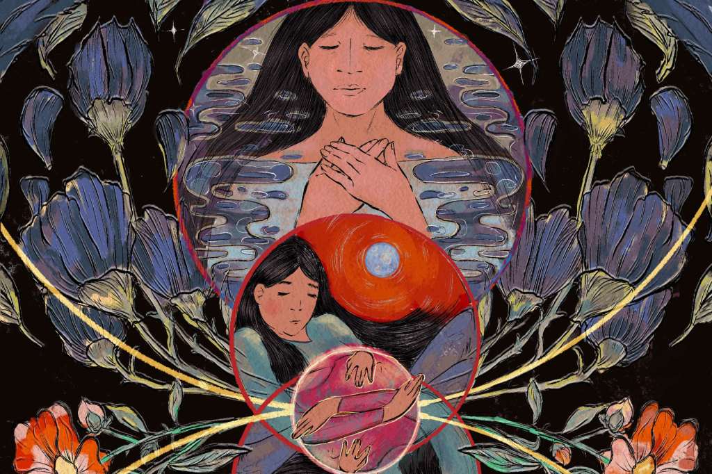 An illustration of a pregnant person holding their belly and another femme-presenting person with their hands on their heart, surrounded by flowers.