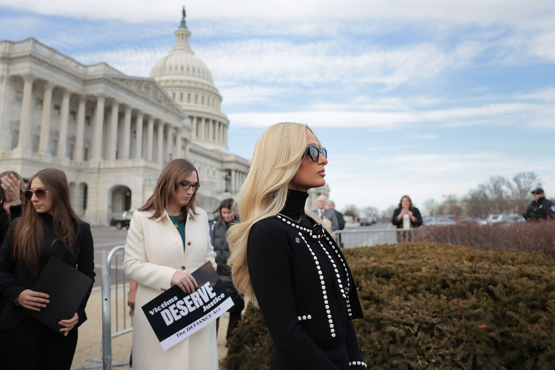 Paris Hilton arrives at a press conference for the DEFIANCE Act at the Capitol.