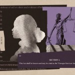 Illustration showing a textured silhouette of a woman’s profile layered over legal text. A purple-toned image of the scales of justice appears in the upper right, and a torn strip of paper reads: “SECTION 1. This Act shall be known and may be cited as the ‘Georgia Survivor Justice Act.’”