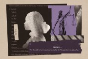 Illustration showing a textured silhouette of a woman’s profile layered over legal text. A purple-toned image of the scales of justice appears in the upper right, and a torn strip of paper reads: “SECTION 1. This Act shall be known and may be cited as the ‘Georgia Survivor Justice Act.’”