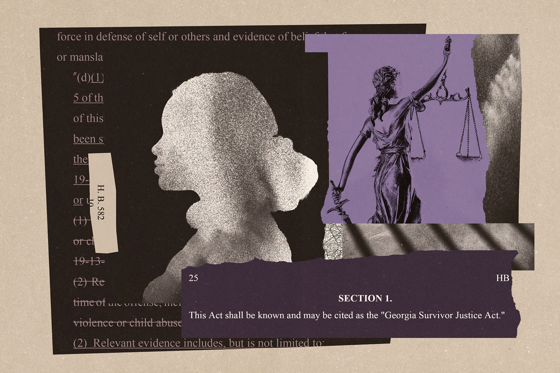 Illustration showing a textured silhouette of a woman’s profile layered over legal text. A purple-toned image of the scales of justice appears in the upper right, and a torn strip of paper reads: “SECTION 1. This Act shall be known and may be cited as the ‘Georgia Survivor Justice Act.’”