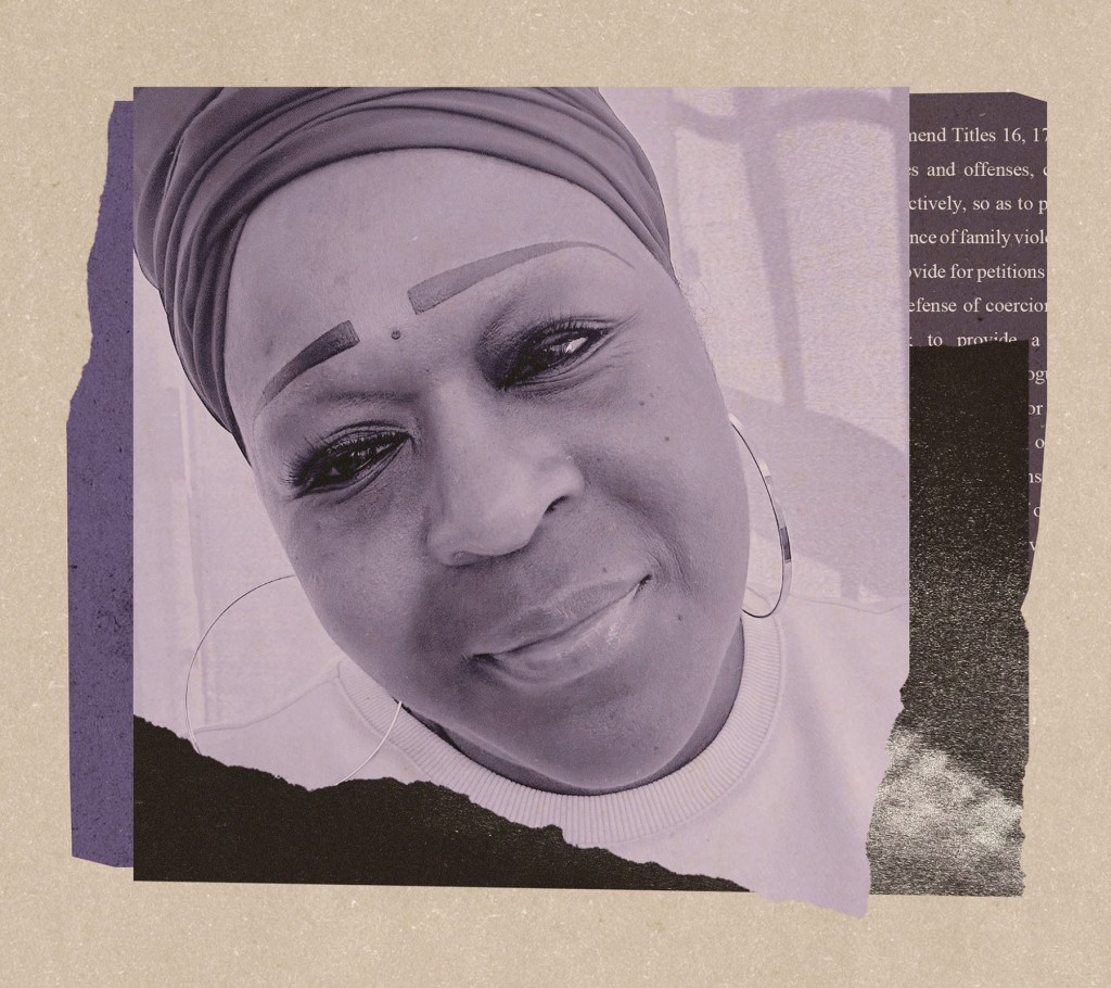 Close-up portrait of Nicole Boynton wearing a headwrap and large hoop earrings. The image is tinted in purple tones and layered over a textured background with faint legal text.