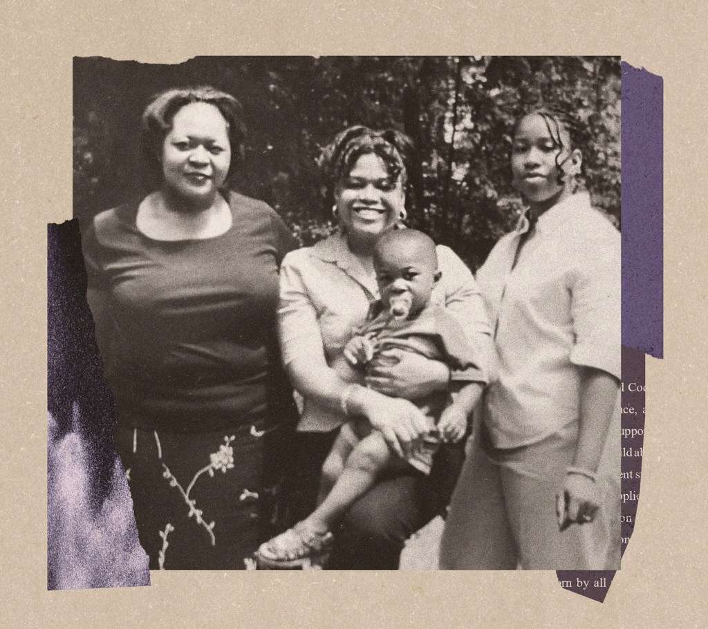 Black-and-white photo of Nicole Boynton standing outdoors with her cousin and her young son, Romello. Boynton stands on the left wearing a dark top. Her cousin stands in the center holding Romello, who appears to be a toddler. Trees and foliage are visible in the background.