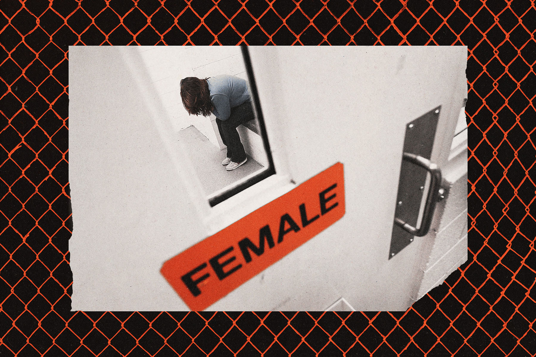 Photo illustration showing a woman hunched on a bench inside an ICE detention facility, seen through a small window in a heavy white door labeled “female,” with an orange chain-link fence pattern framing the image.