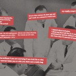 A black-and-white archival photo of several men in lab coats gathered around a desk is overlaid with red text boxes quoting emails in which Jeffrey Epstein and scientists make disparaging remarks about women’s intelligence and participation in academic conferences.