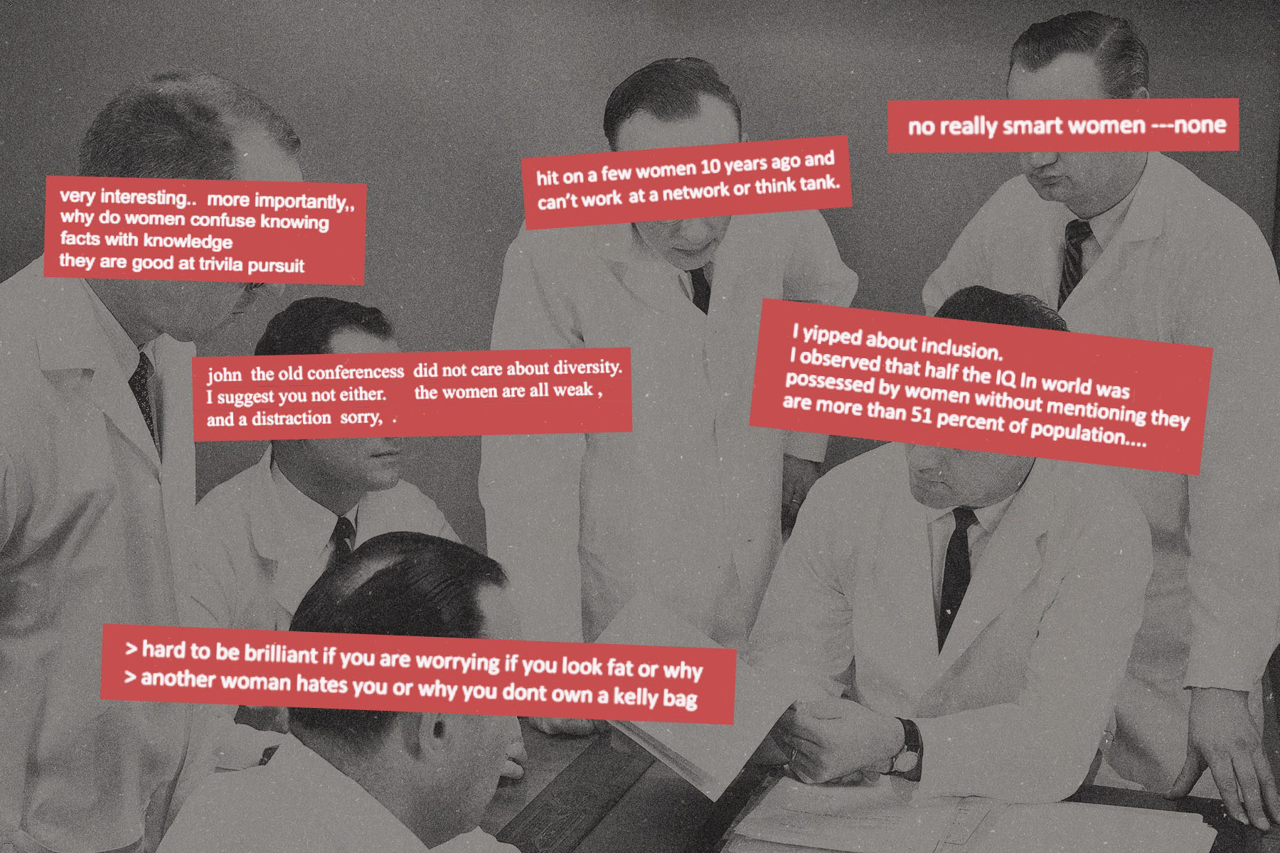 A black-and-white archival photo of several men in lab coats gathered around a desk is overlaid with red text boxes quoting emails in which Jeffrey Epstein and scientists make disparaging remarks about women’s intelligence and participation in academic conferences.