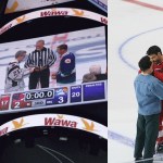A split image shows, on the left, two men being married on an ice hockey rink with an officiant present, and on the right, two men embracing on the ice in a scene from a television series.